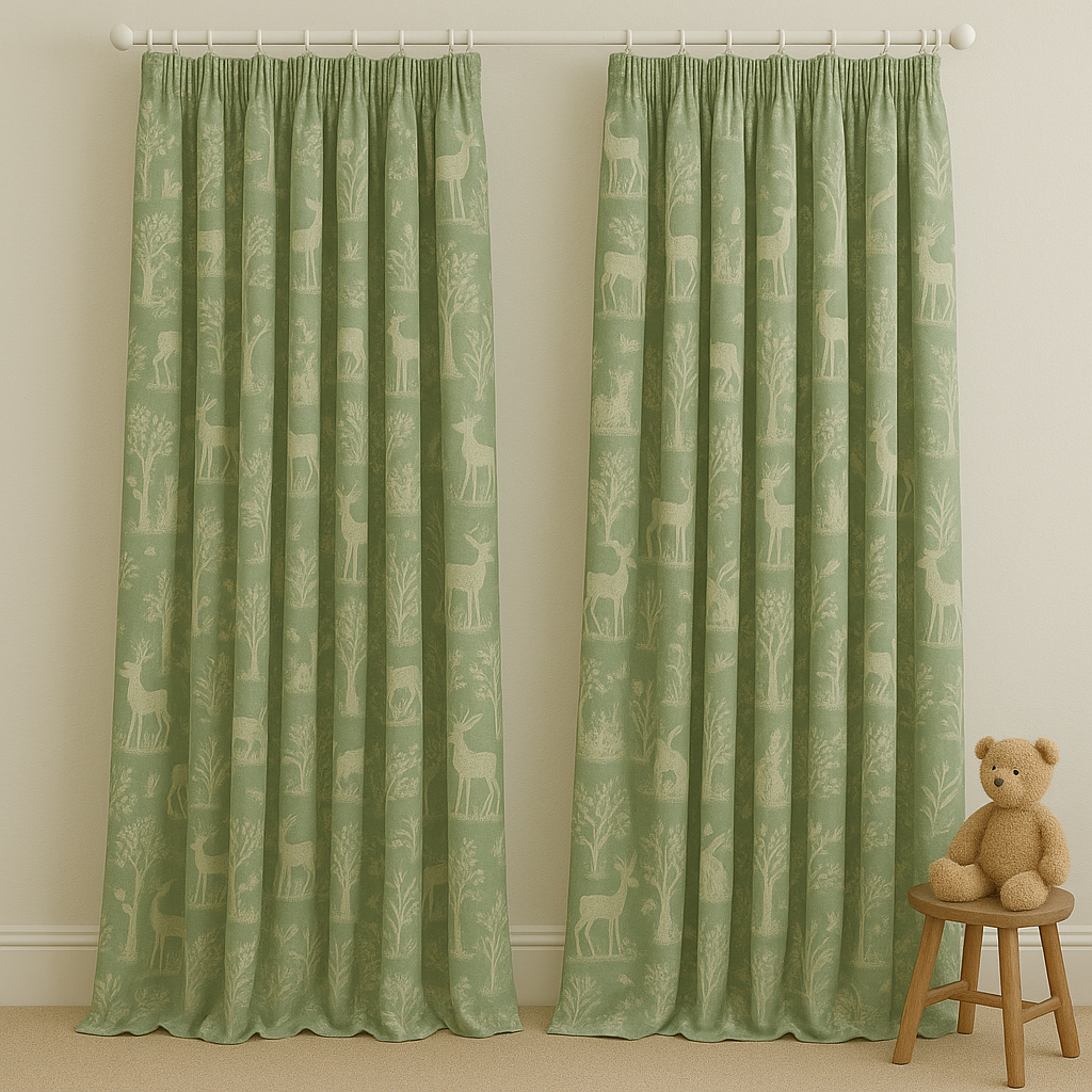 Sage Green Linen Curtains with Animal & Nature Print | Custom Sizes | Blackout & Light Filtering Options | Rod & Track Compatible-2