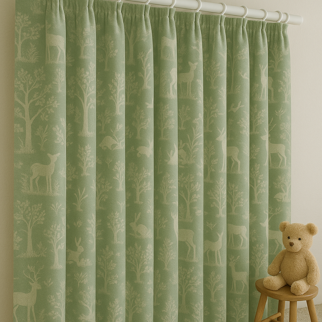 Sage Green Linen Curtains with Animal & Nature Print | Custom Sizes | Blackout & Light Filtering Options | Rod & Track Compatible-1