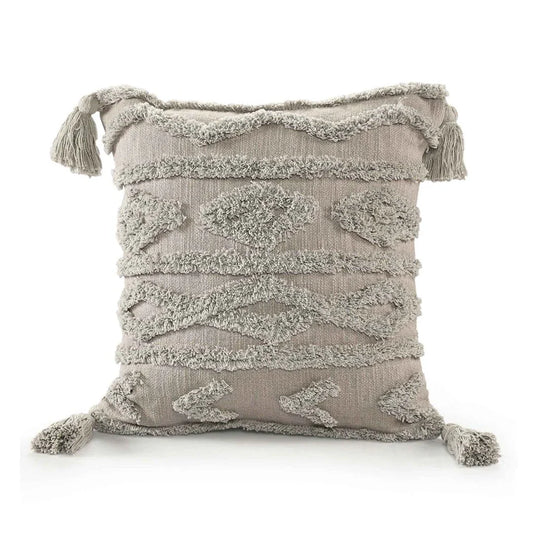 Grey Cushion Cover with Tassels | 40x40cm | Tufted Cotton | Boho Style-0